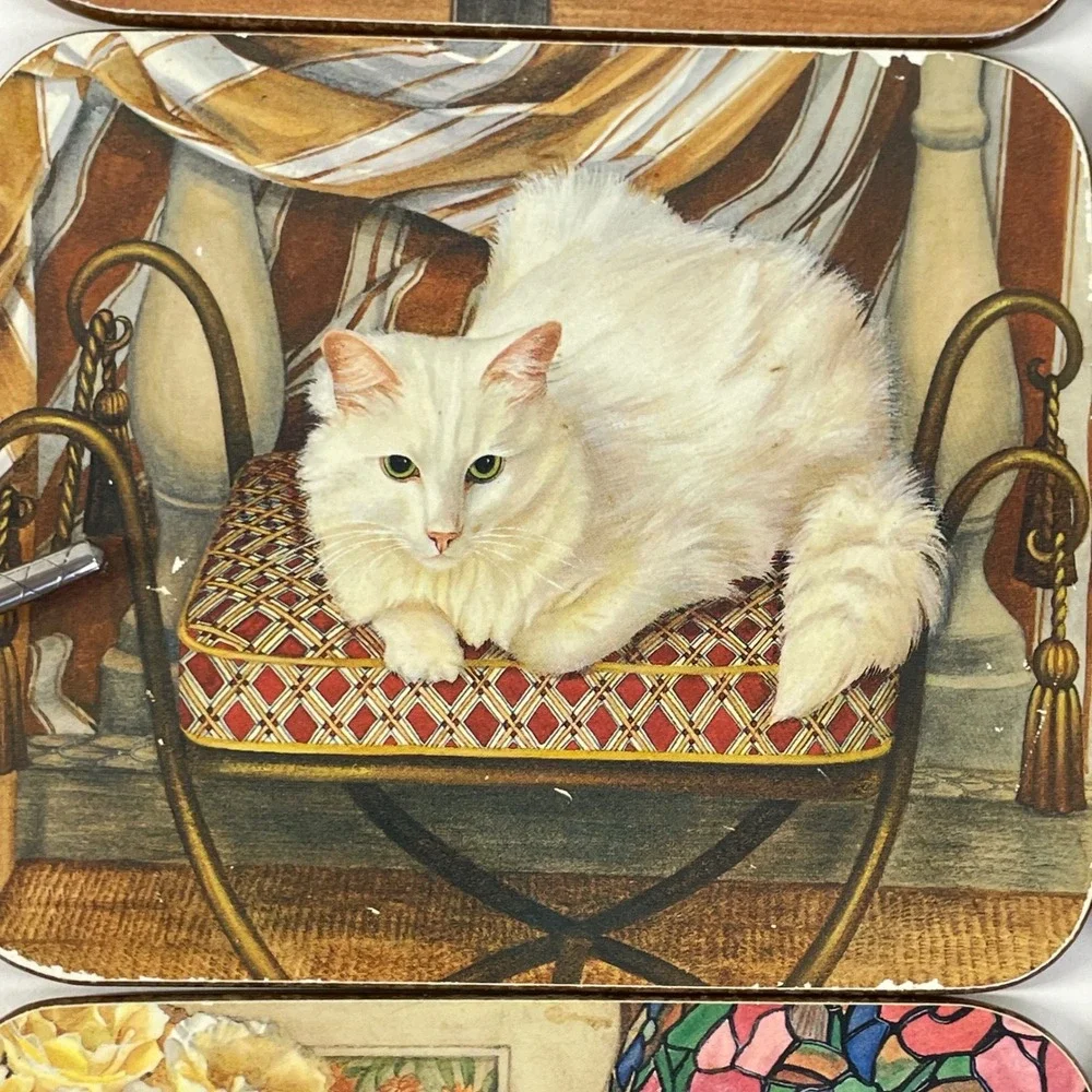 Vintage Cat Art Coasters Set of 6 Cork Backed Square Tuxedo Ginger White Cats